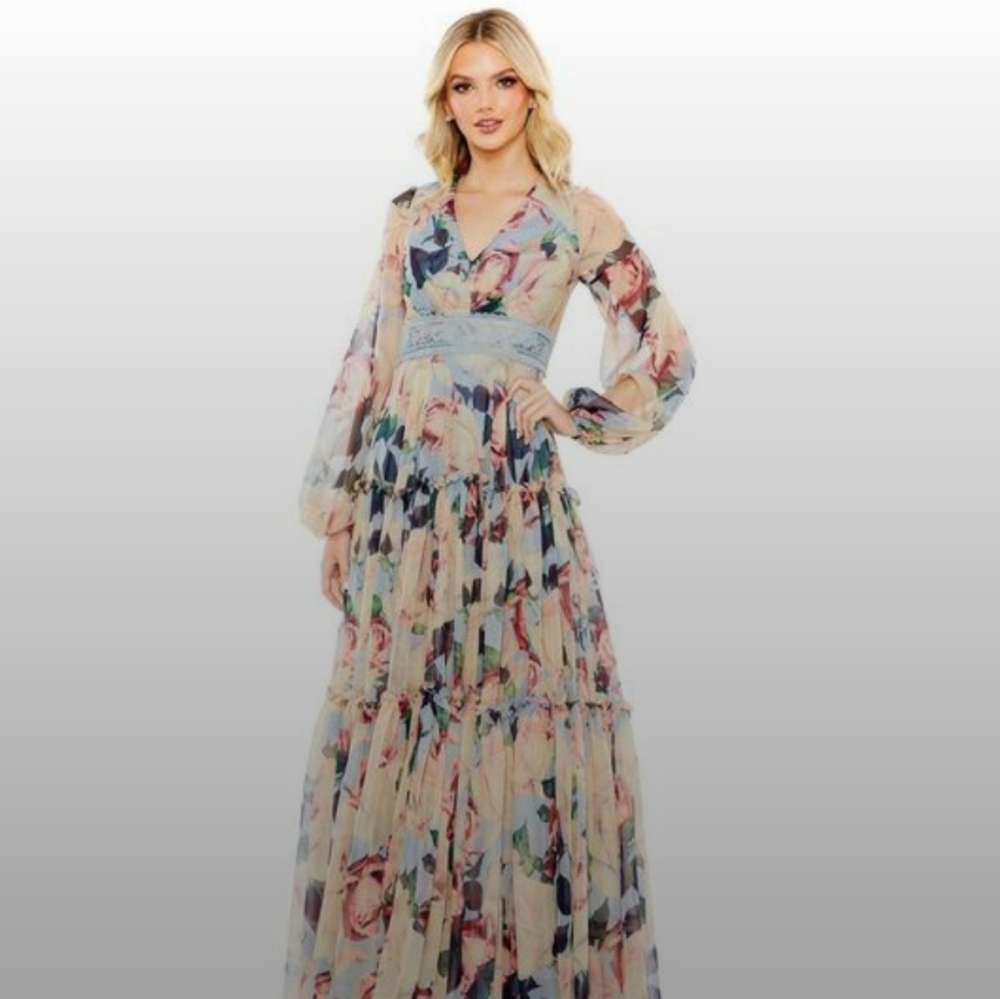 MAC DUGGAL FLORAL PUFF SLEEVE DRESS WITH EMBROIDERED WAIST